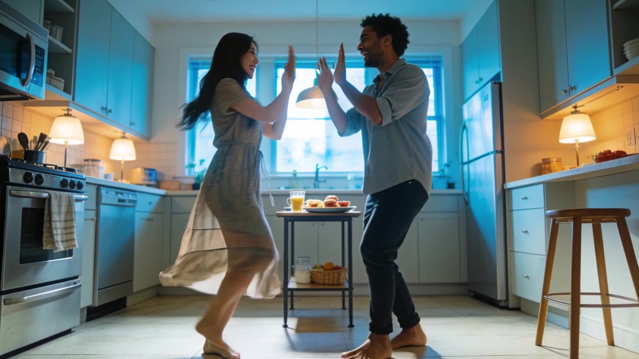 キッチンで裸足のカップルが向かい合って踊り、日差しが差し込む中、ドレス姿の女性が生き生きとし、アイランドにはジュースが置かれている。