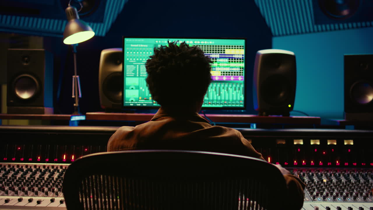 아프리카계 미국인 음악 프로듀서가 오디오 콘솔에서 트랙을 싱하고 마스터링합니다.