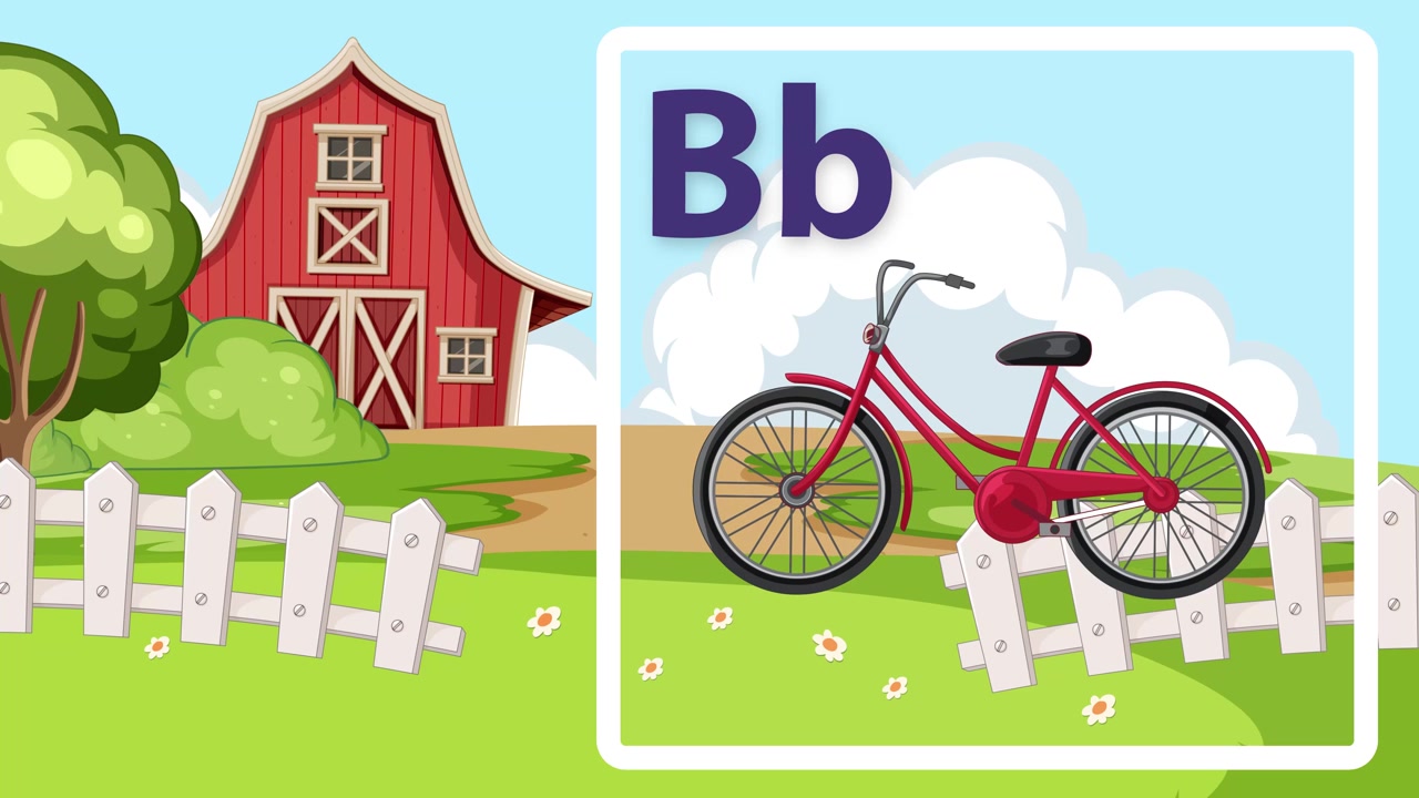 Animated flashcard displays letter B and bicycle over a colorful cartoon farm landscape background.