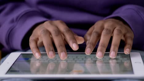 hands on digital tablet keyboard close up african american girl working office work remotely typing text, black woman using notepad computer distance learning online education and work