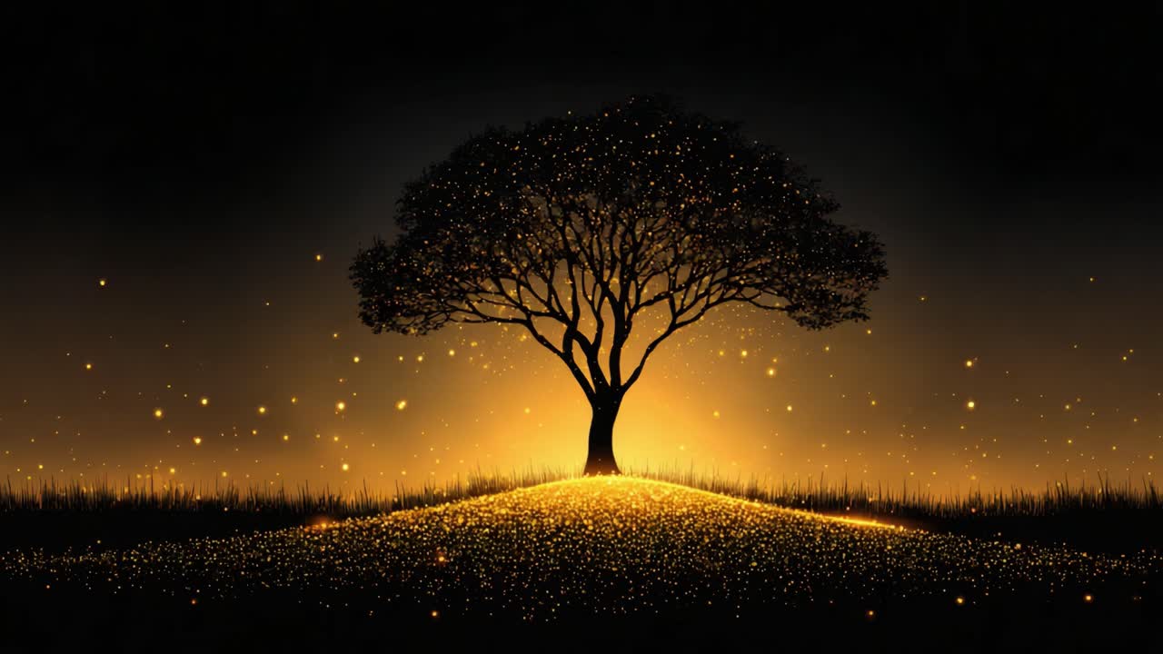A Serene Glimpse of a Majestic Tree Illuminated by Glimmering Lights, Surrounded by a Magical Golden Glow in a Tranquil Landscape of Nature's Beauty