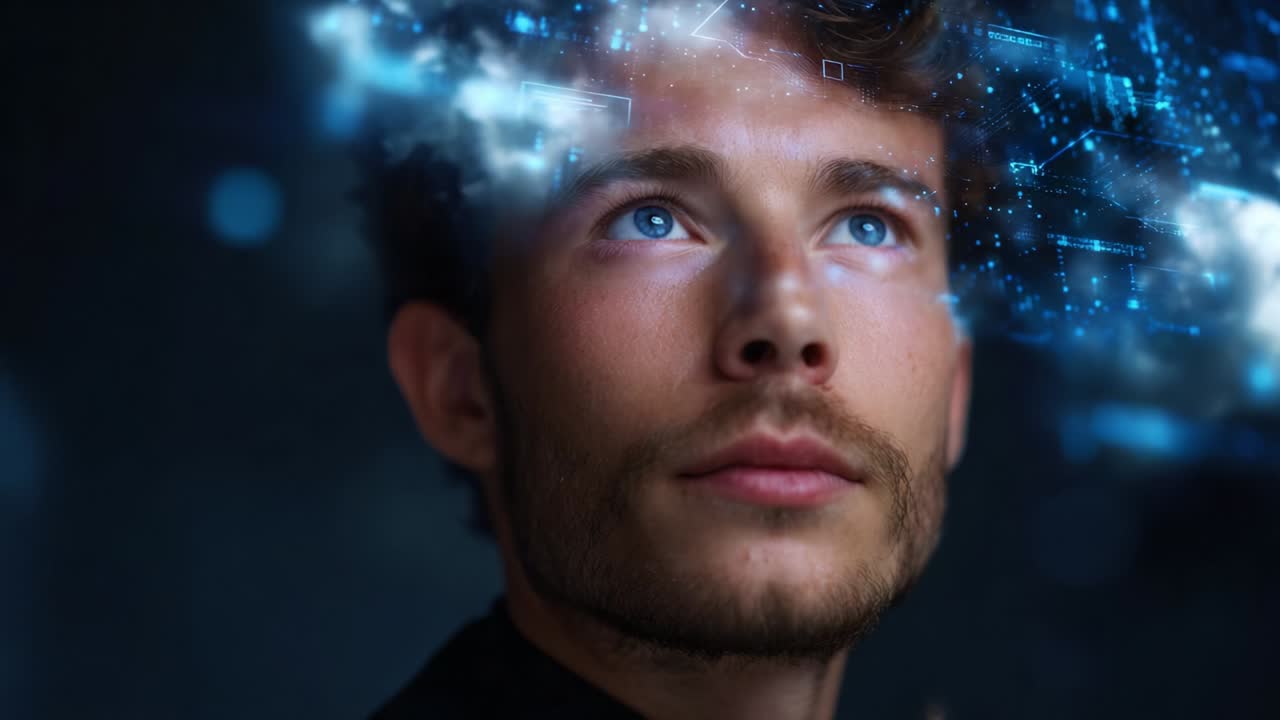 A Young Man Transcends Reality as Digital Elements Emerge from His Imagination, Exploring the Intersection of Human Emotion and Technology in a Captivating Visual Representation