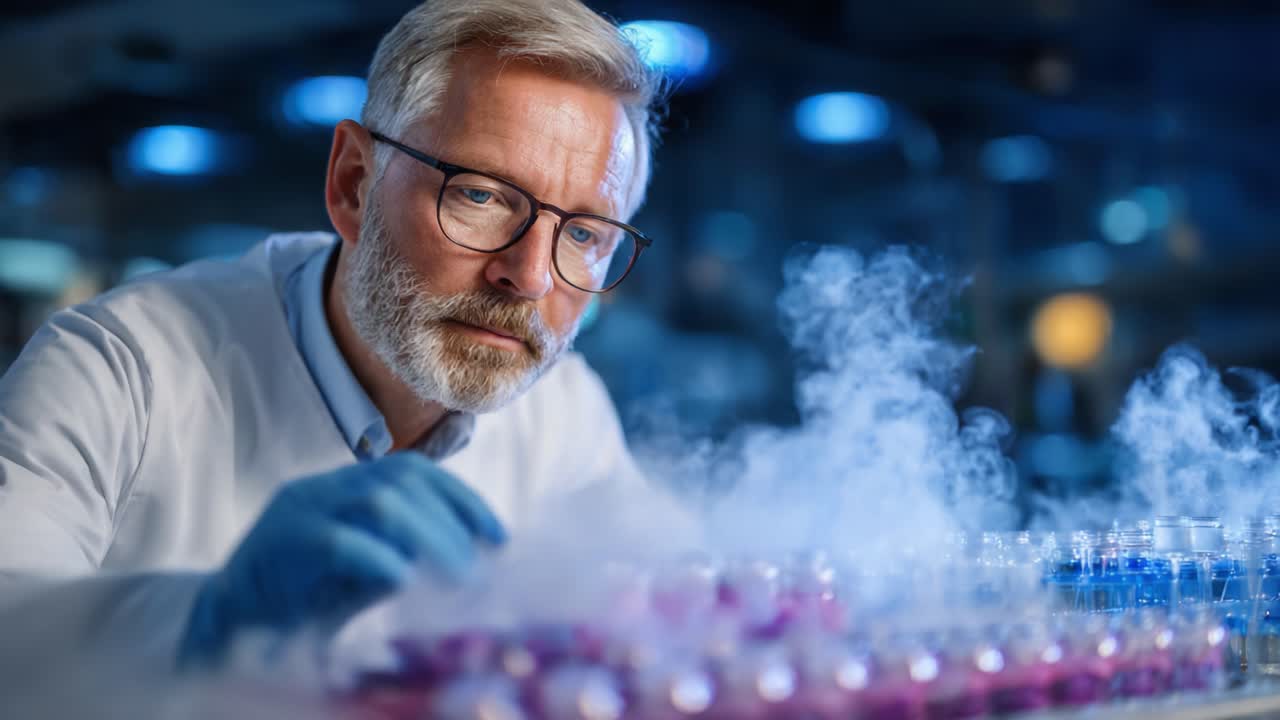 A focused scientist meticulously examining multiple test tubes filled with colorful liquids, as steam rises in a modern laboratory setting, showcasing intricate scientific experimentation