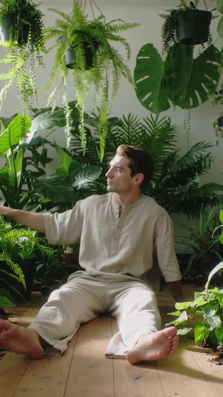 Vídeo vertical: Com luz suave, homem de linho a estender a mão e a verificar um feto junto a plantas em vasos em casa.