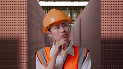 Close Up Of Asian Female Engineer With Safety Helmet Thinking And Looking Around Then Raising Her Index Finger While Standing With Red Brick Packed in Stacks Are Stored