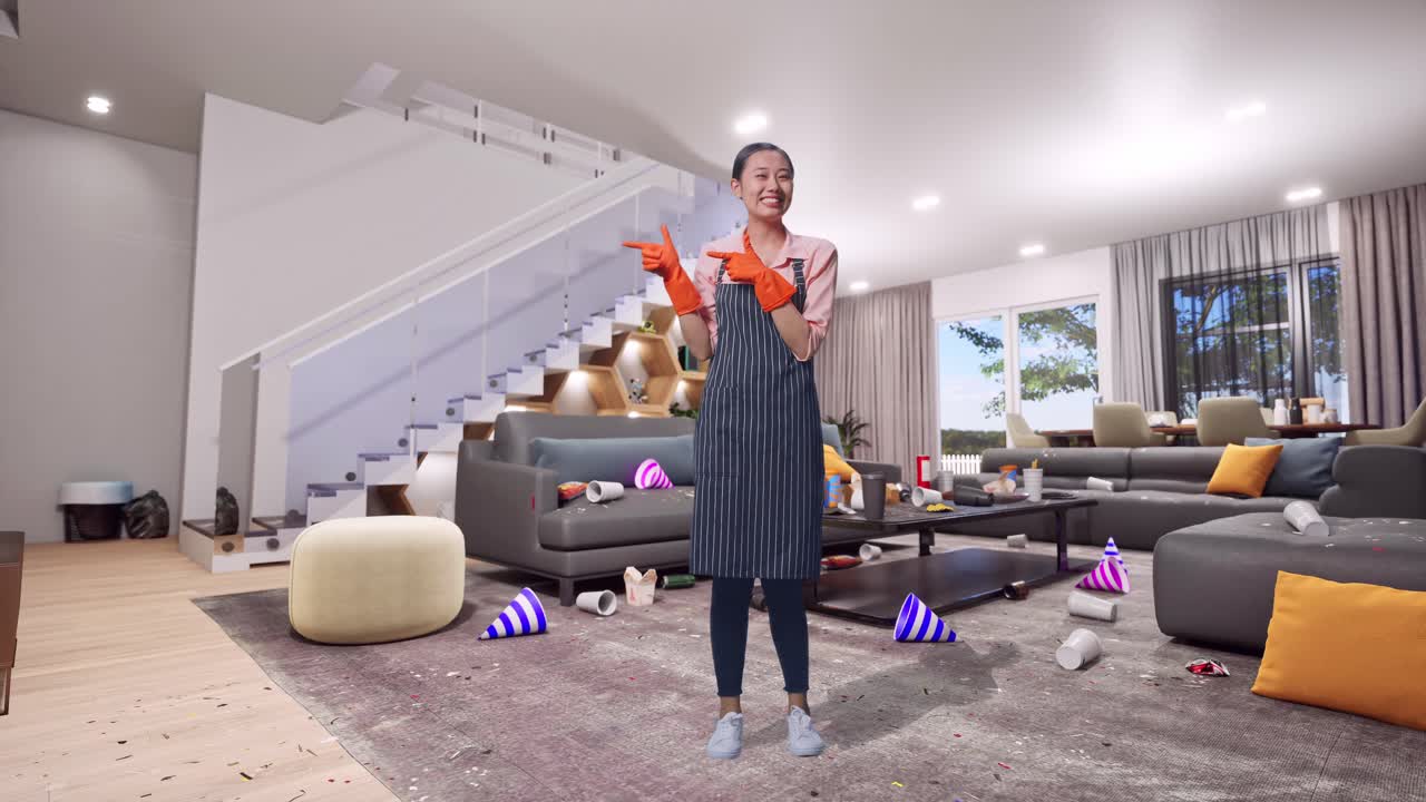 Full Body Of Asian Female Housekeeper With An Apron Smiling And Pointing To The Side While Standing In House