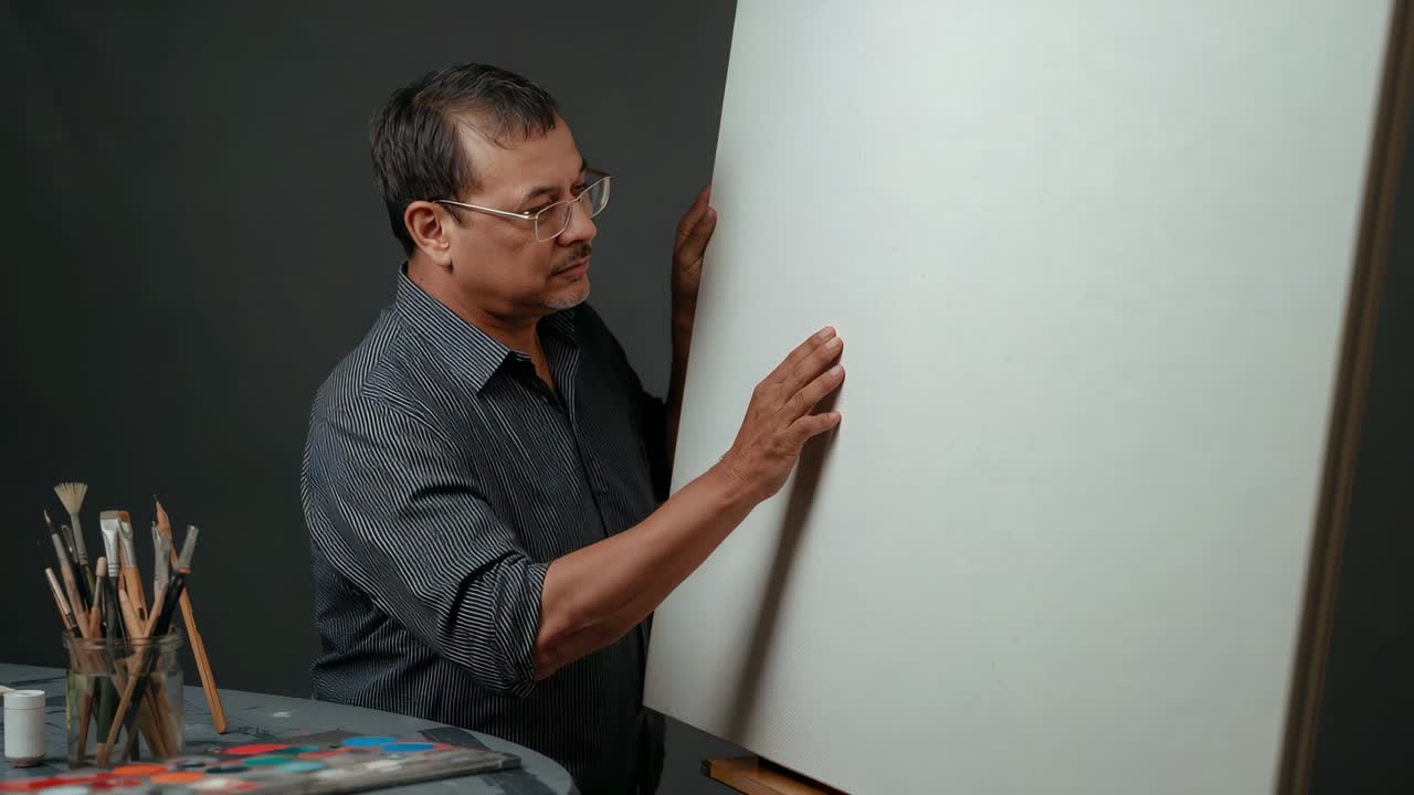 Reaching canvas, man in striped shirt aligning canvas on easel at studio with palette, copy space