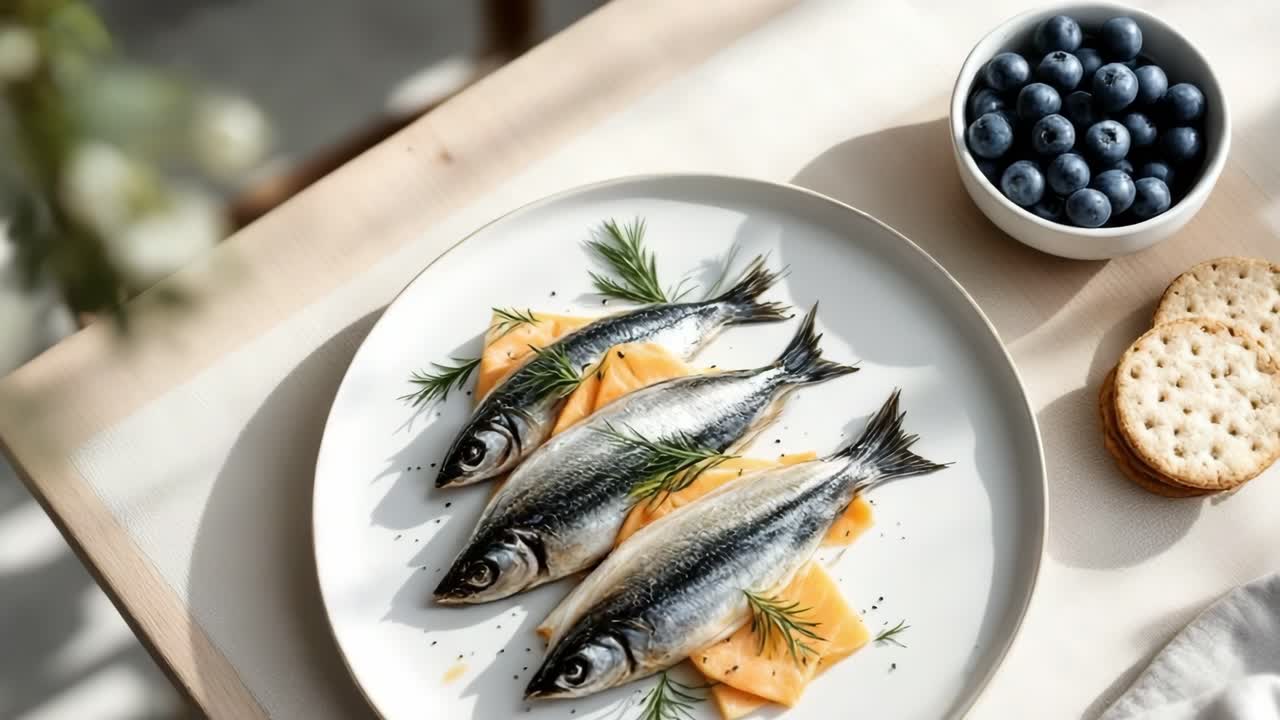 Freshly prepared fish arranged on a white plate with slices of cheese, accompanied by a bowl of blueberries and crackers, set on a wooden table, creating a vibrant dining atmosphere