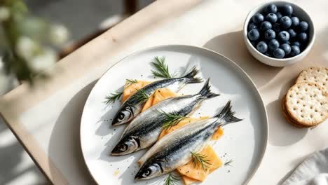 freshly prepared fish arranged on a white plate with slices of cheese, accompanied by a bowl of blueberries and crackers, set on a wooden table, creating a vibrant dining atmosphere
