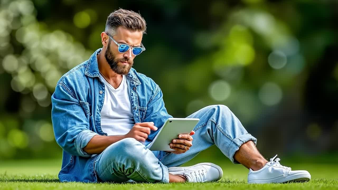 A man sitting on the grass using a tablet computer