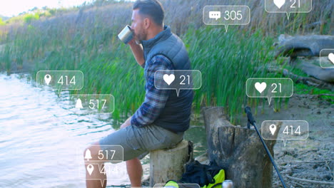 man sipping from metal mug by lake shore, with animated health chart rising above backpack