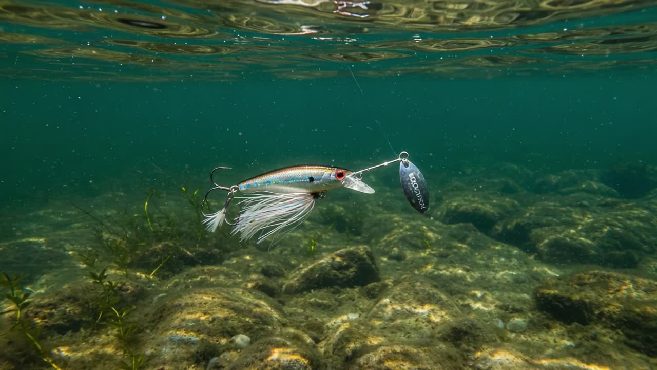 A Vibrant Underwater Scene Featuring a Colorful Fishing Lure Suspended in Clear Water, Surrounded by Submerged Rocks and Aquatic Vegetation