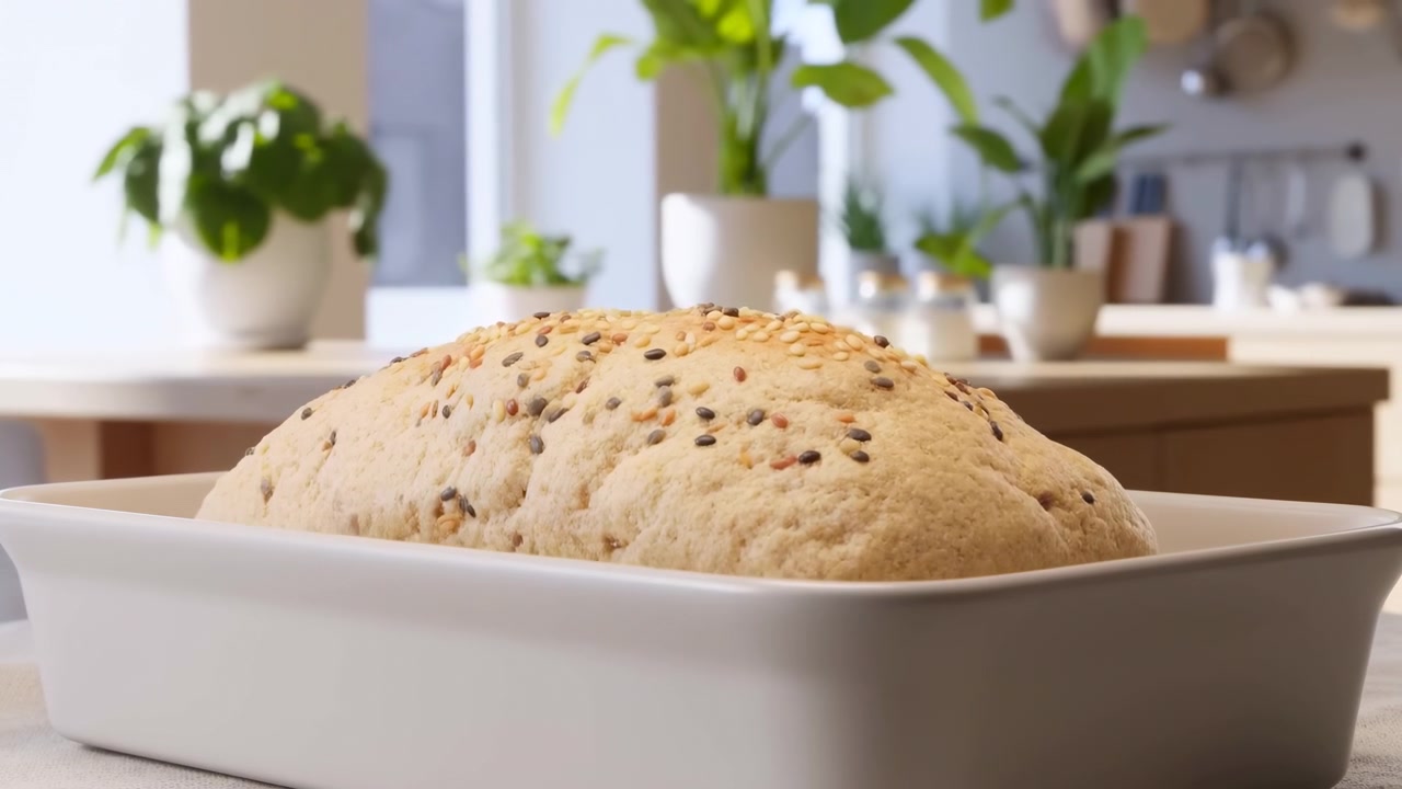 A seeded bread loaf rests in a white ceramic baking dish on a kitchen table, with a bright home kitchen and soft daylight blurred in the background