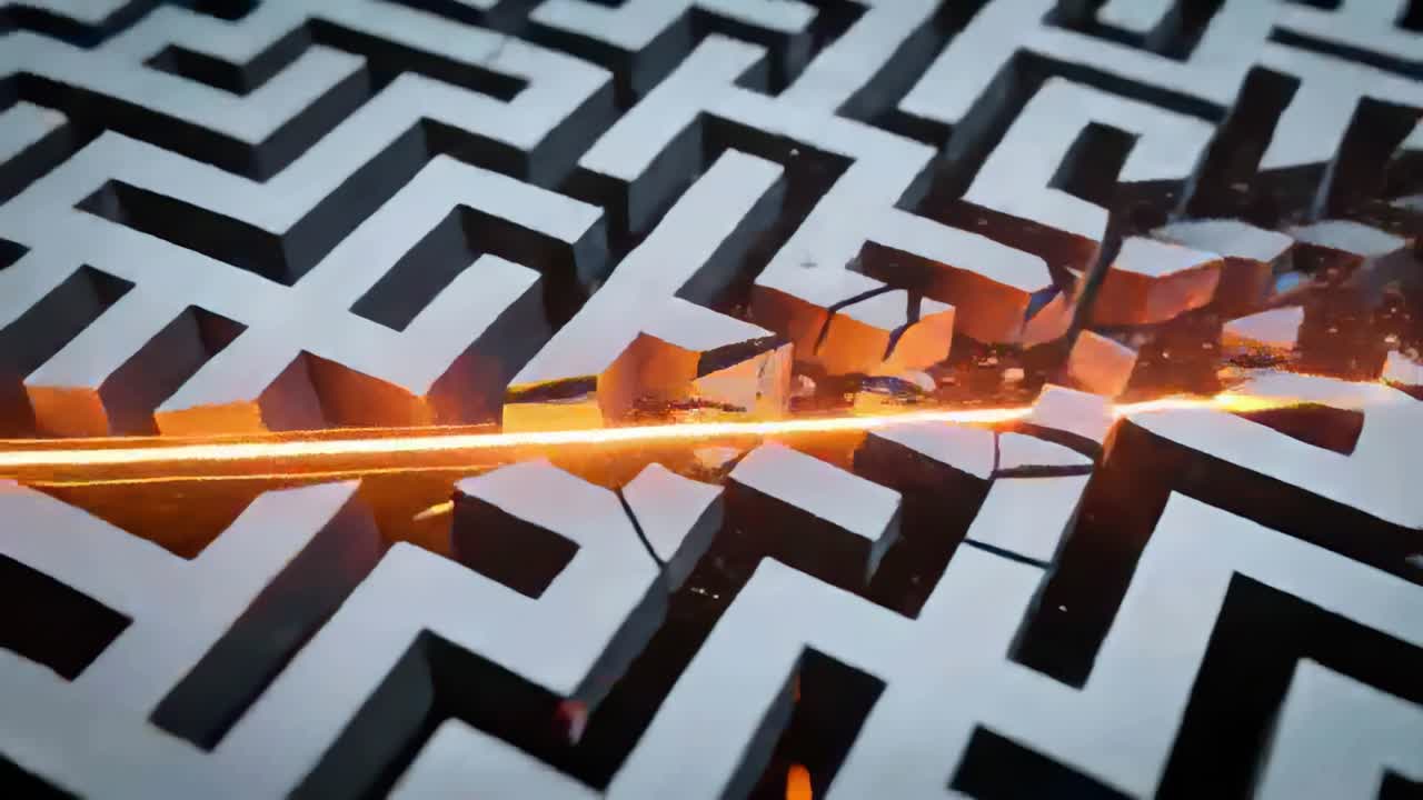 Cutting bright orange beam contacting maze, slicing through white tiles in CGI set, showing channel