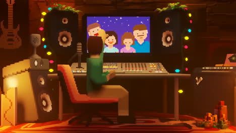 pixel art of a virtual meeting in a music studio