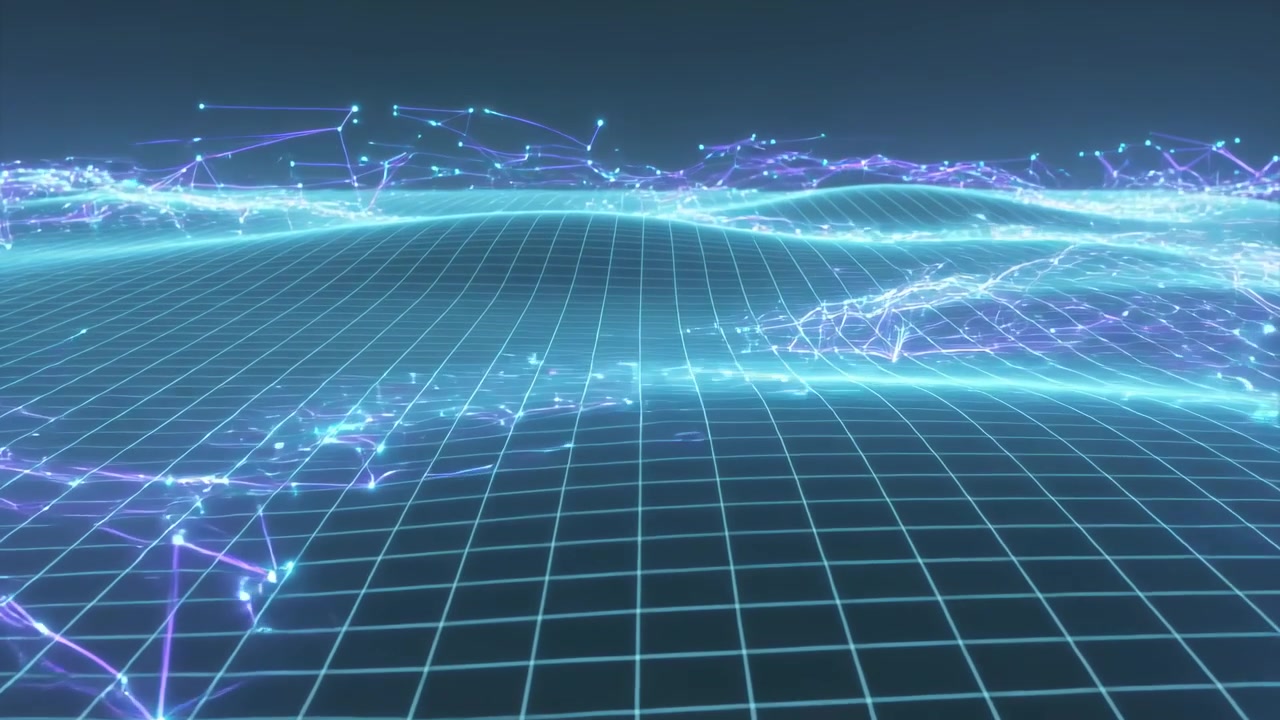 Horizon glow sparking cyan grid waving forming moving wave crests with pulsing nodes showing data