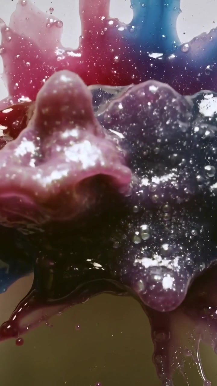 Vertical video: Colliding red-blue drops forming purple mass on white, bubbles sparkling