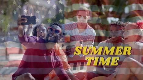 animation of summer time text and usa flag over happy diverse friends taking selfie on sunny beach