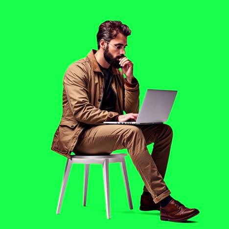 man focused laptop work animation, transparent 4k video, green screen
