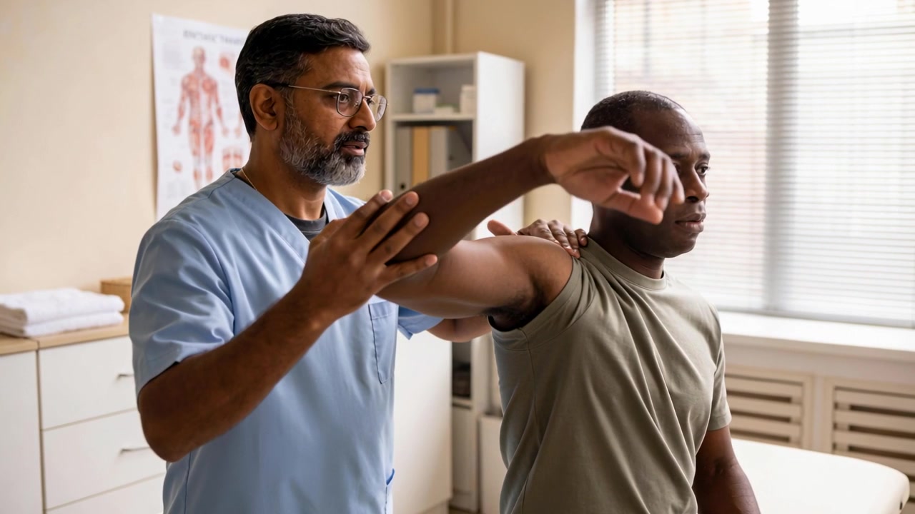 Placing hands, clinician in scrubs guiding patient's right arm near chart in clinic