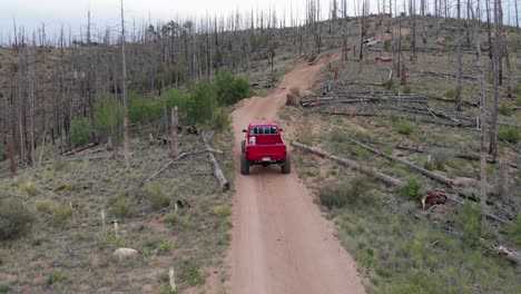 two off-road trucks slowly drive up sandy road in sparse open trees