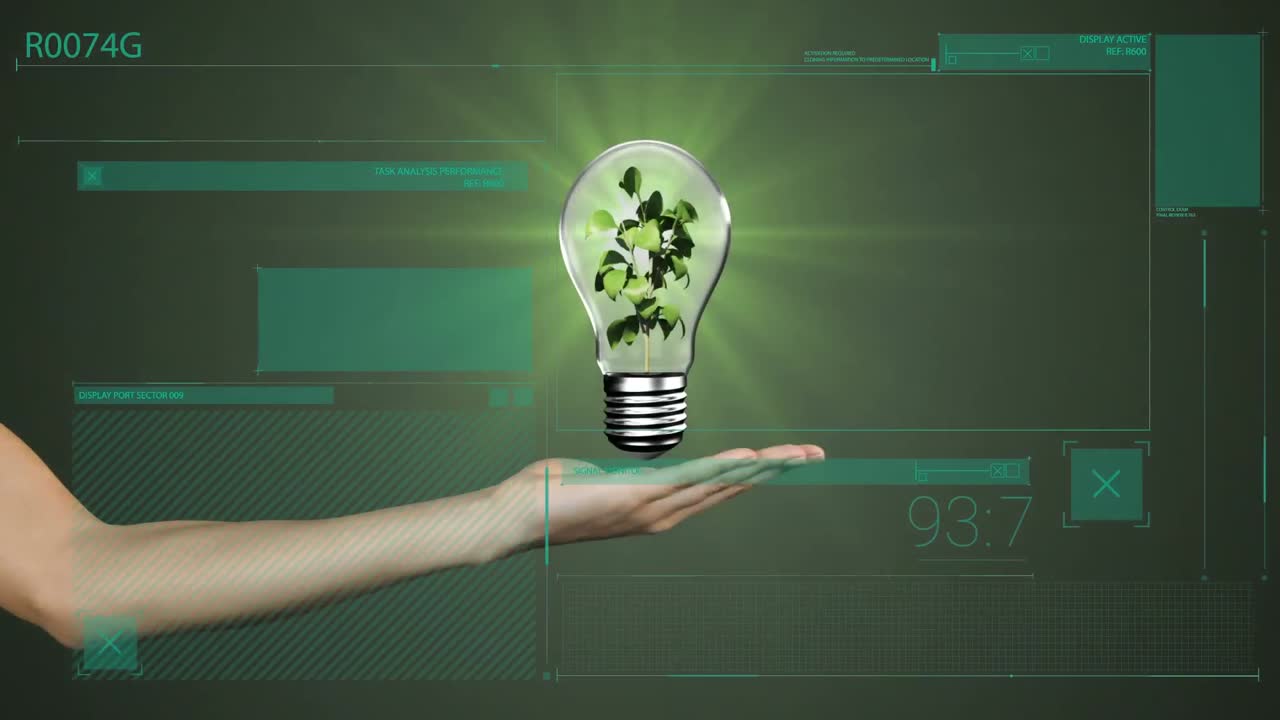 Animation of data processing over lightbulb with plant on green background