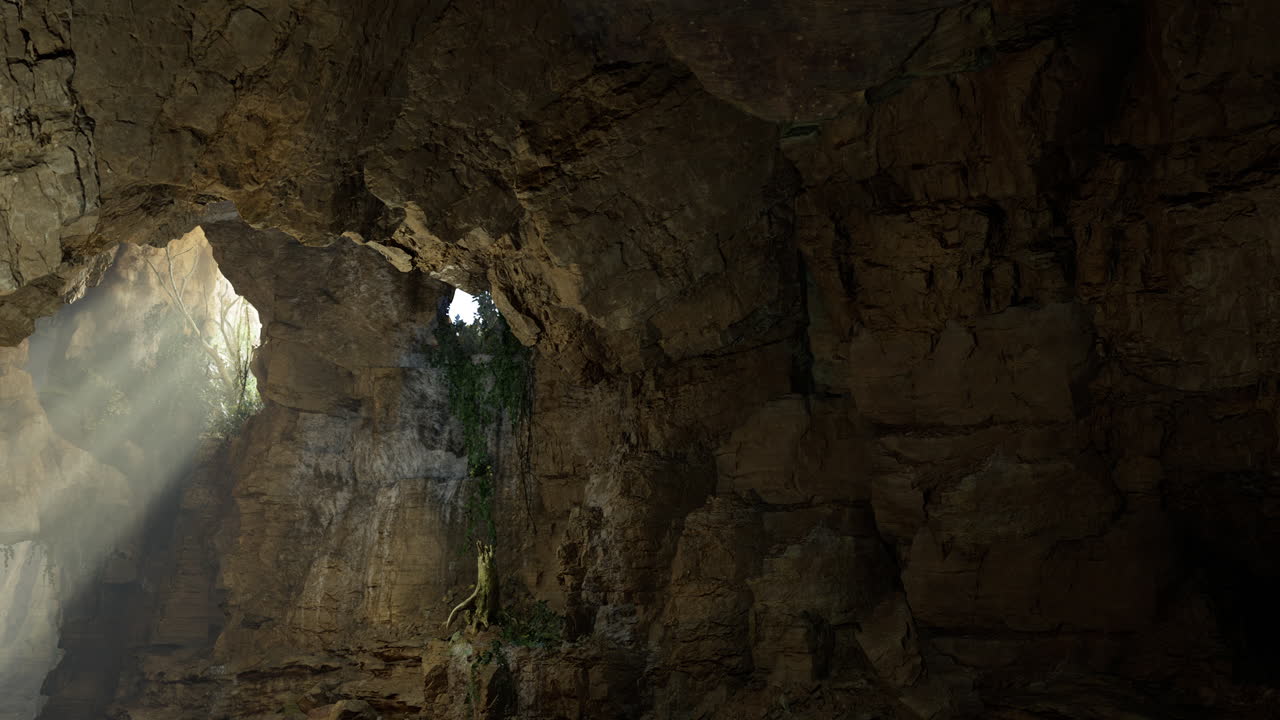 Natural light filters into a cavern revealing lush greenery in the distance