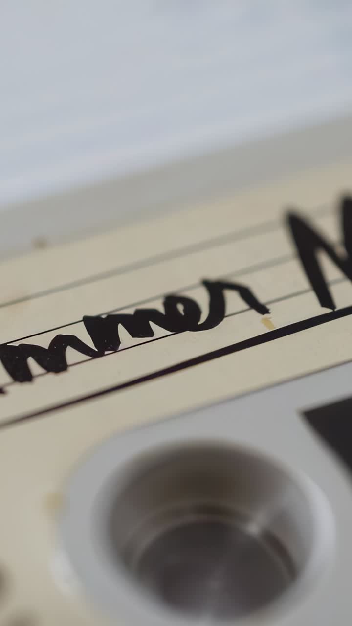 Vertical video: Pulling camera framing cassette on desk, keeping bold ink label sharp, spool seen