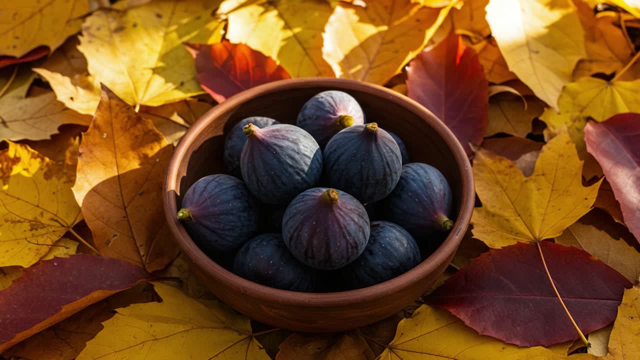 A Beautiful Display of Fresh Figs Nestled in a Clay Bowl Surrounded by Colorful Autumn Leaves, Capturing the Essence of Fall Harvest Season
