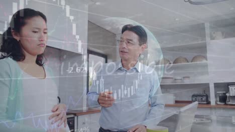 animation of financial data processing and globe over asian couple using laptop