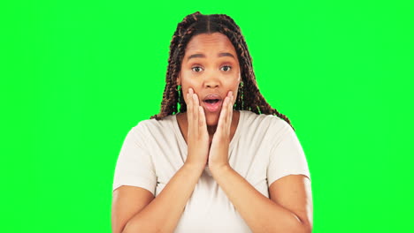 woman, face and surprised hands on green screen
