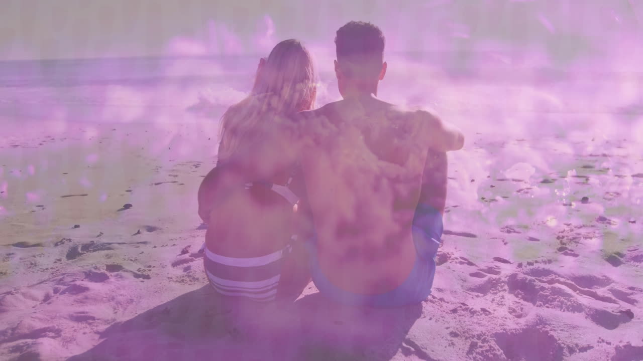 Couple sitting on beach, overlaying travel app icons, data points and animated weather chart