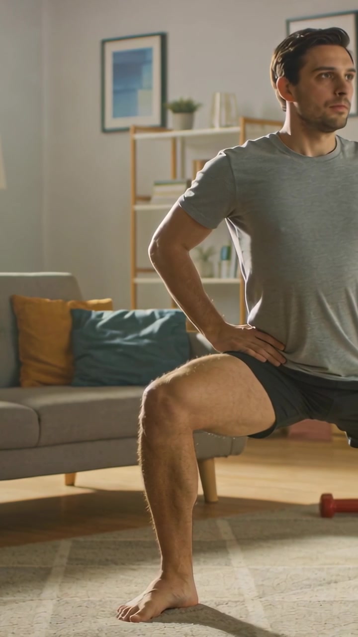 Vertical video: Starting man in tee and shorts doing lunges for legs in living room dumbbell near