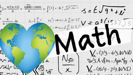 Animation-of-heart-globe-and-math-text-over-mathematical-equations-in-school-notebook