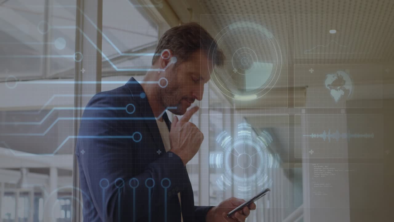 Mature male raising smartphone by windows tapping screen showing technology overlay analyzing data