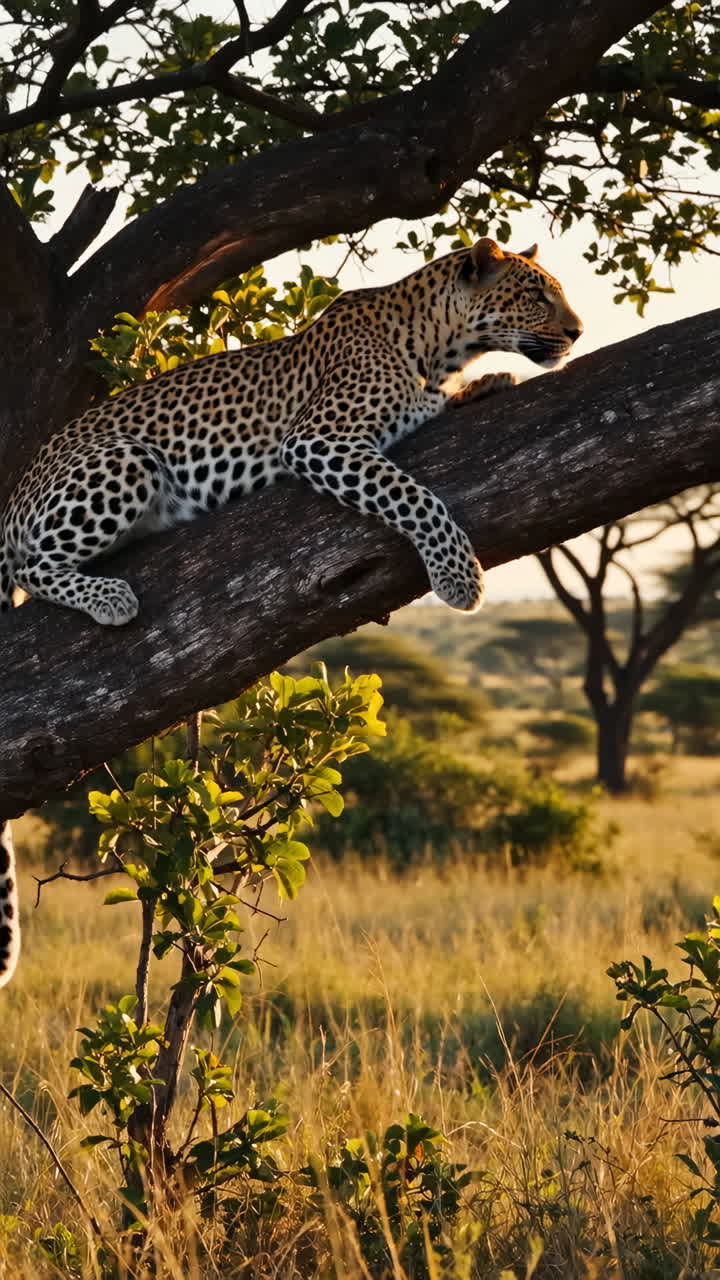 Altın saatte Afrika savanasında bir ağaç dalında dinlenen bir leopar