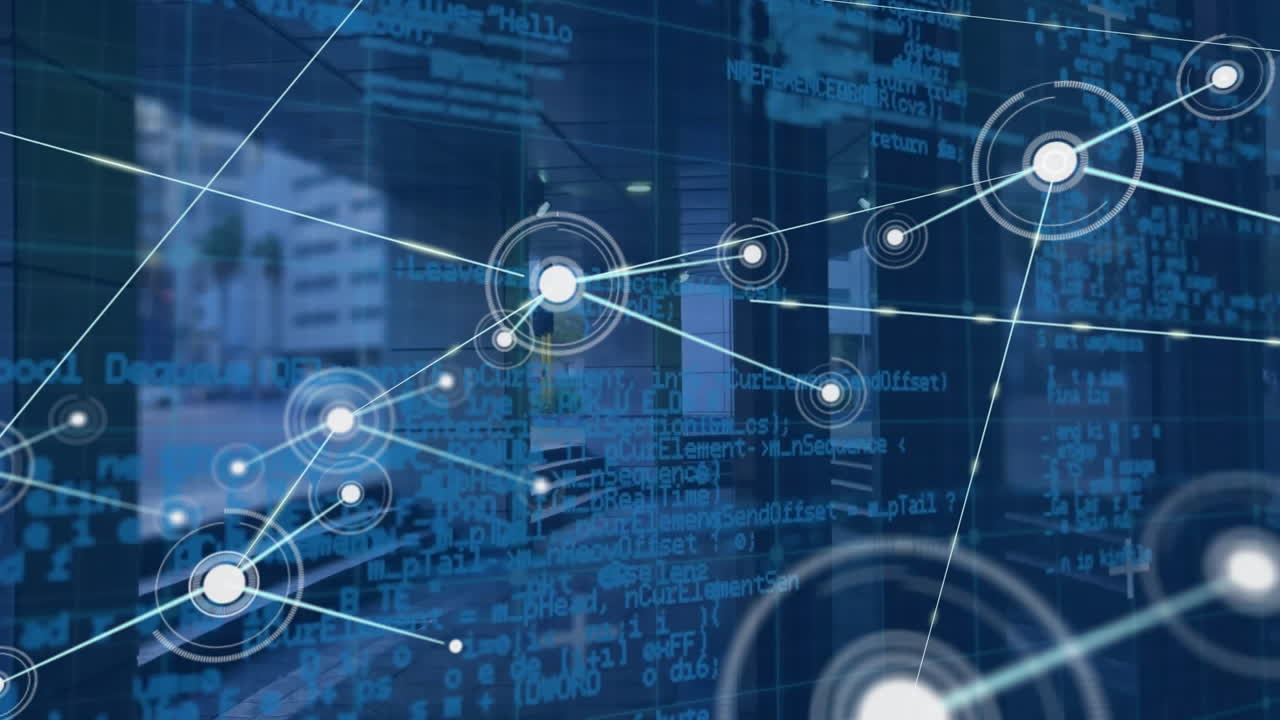 Animation of network of connections with data processing over city street