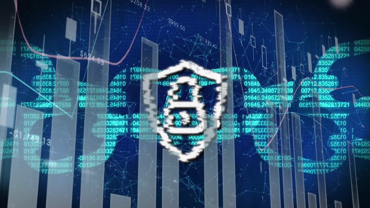 animación del candado en el escudo con gráficos y códigos binarios que forman una cadena sobre puntos conectados