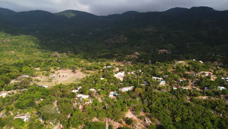 Aerial-shot-of-shadow-covering-Cau-Gay-town,-next-to-Vinh-Hy,-Ninh-Thuan-province,-Vietnam