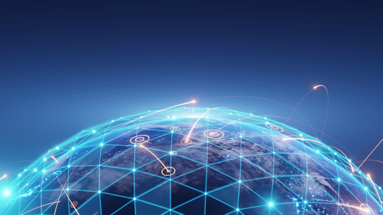 4K resolution, Tech Earth Globalization networking, orange line lights transmit data, Transfer speed data internet, triangle digital data, copy space background