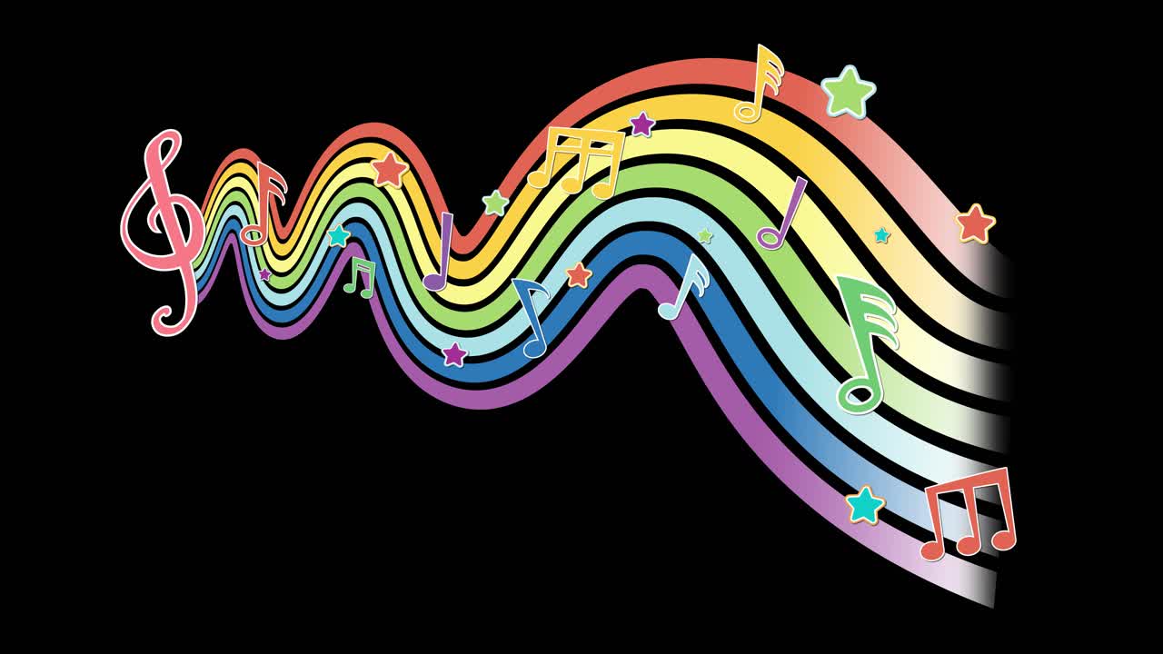 A dynamic animation of colorful musical notes and waves on a black background, creating a lively and rhythmic visual experience
