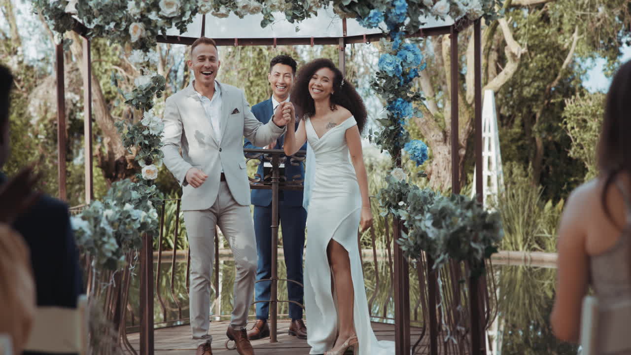 Couple, wedding and celebrating with cheer to