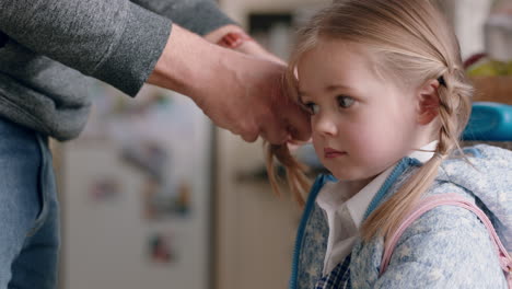 father preparing daughter for school braiding little girls hair enjoying caring for child