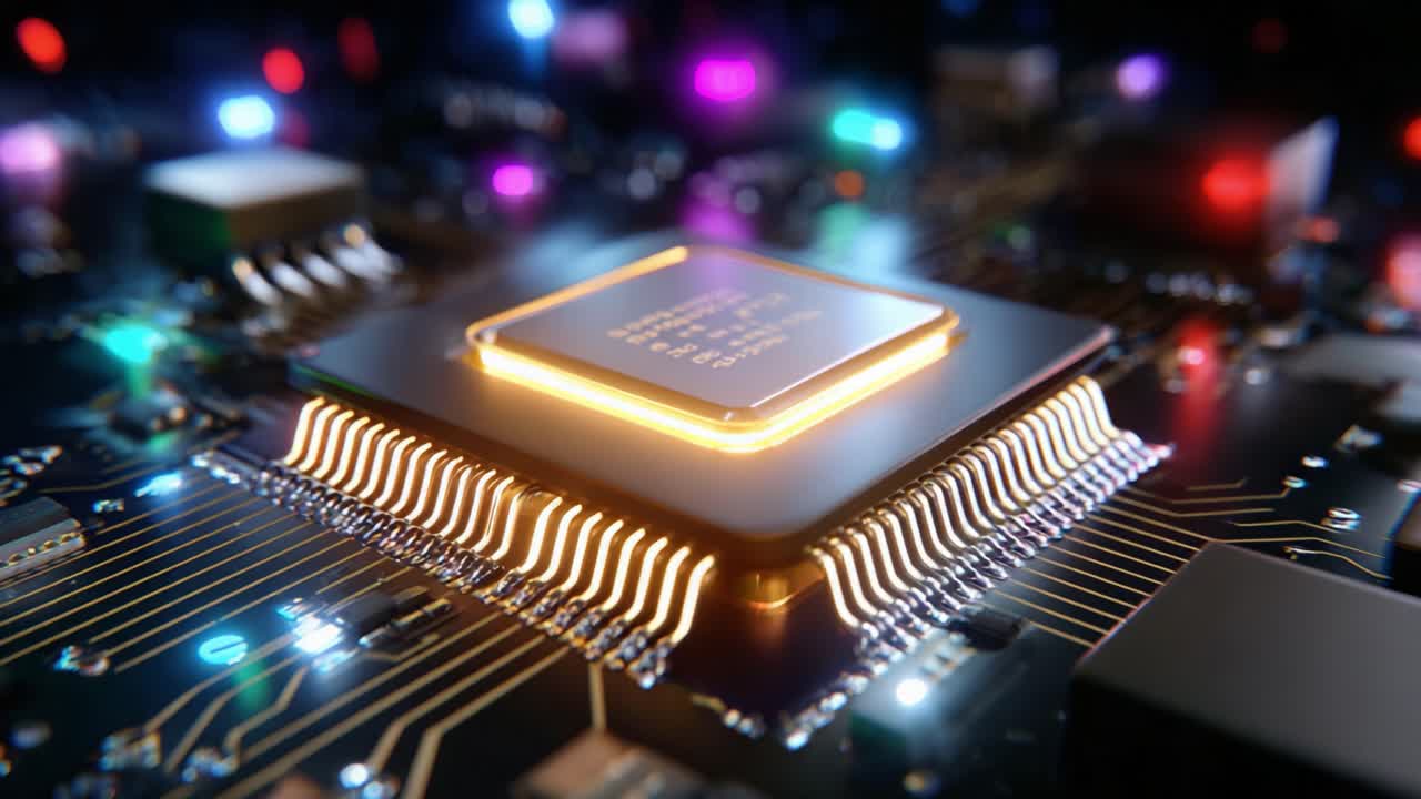 A Close-up Exploration of an Advanced Microprocessor on a Circuit Board with Vibrant LED Lights, Showcasing the Intricate Design and Functionality of Modern Electronic Technology