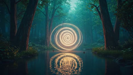 A Mesmerizing Light Spiral Illuminates a Tranquil Forest Scene Reflected in a Serene Water Surface, Creating an Enchanting Atmosphere of Nature&#039;s Beauty and Mystery