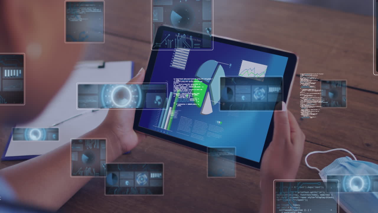 animación de escaneos y procesamiento de datos sobre mujeres que usan tabletas