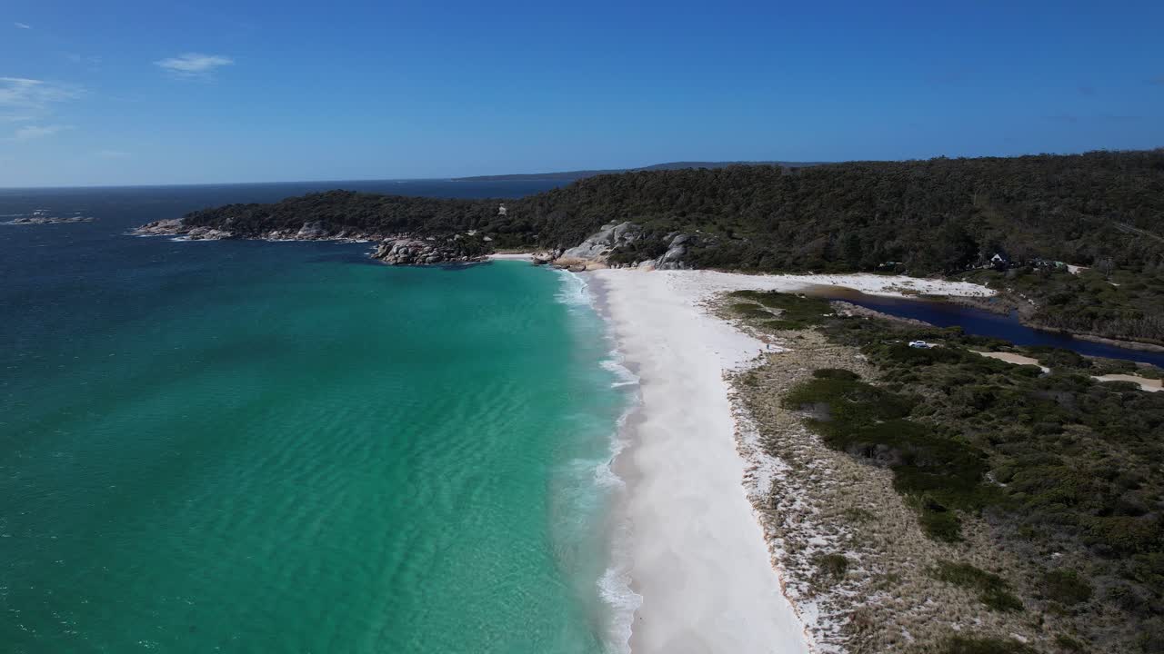 Taylors Beach, Sloop Reef Camping In Binalong Bay, Tasmania, Australia - Drone Shot