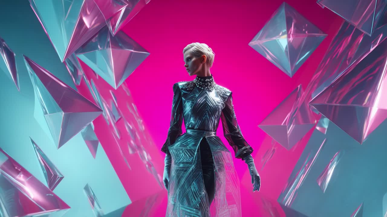 A Stunning Futuristic Model Adorned in a Radiant Metallic Outfit Stands Amidst a Dazzling Background of Geometric Shapes and Vibrant Colors, Capturing the Essence of Modern Fashion and Artistry