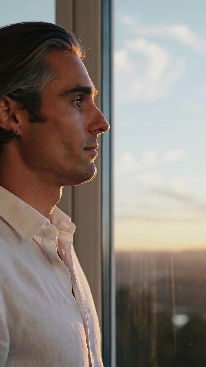 Video verticale: Uomo in camicia bianca che si pizzica il ponte del naso e si sistema i capelli alla finestra, osservando lo skyline.