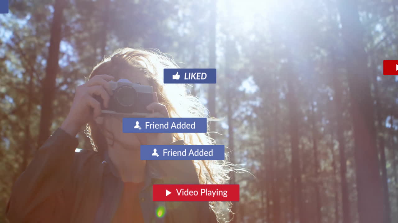 woman holding camera in forest, showing floating social media notifications for content marketing